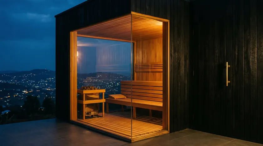 Sauna with corner glazing on a Kigali ridge, city lights below